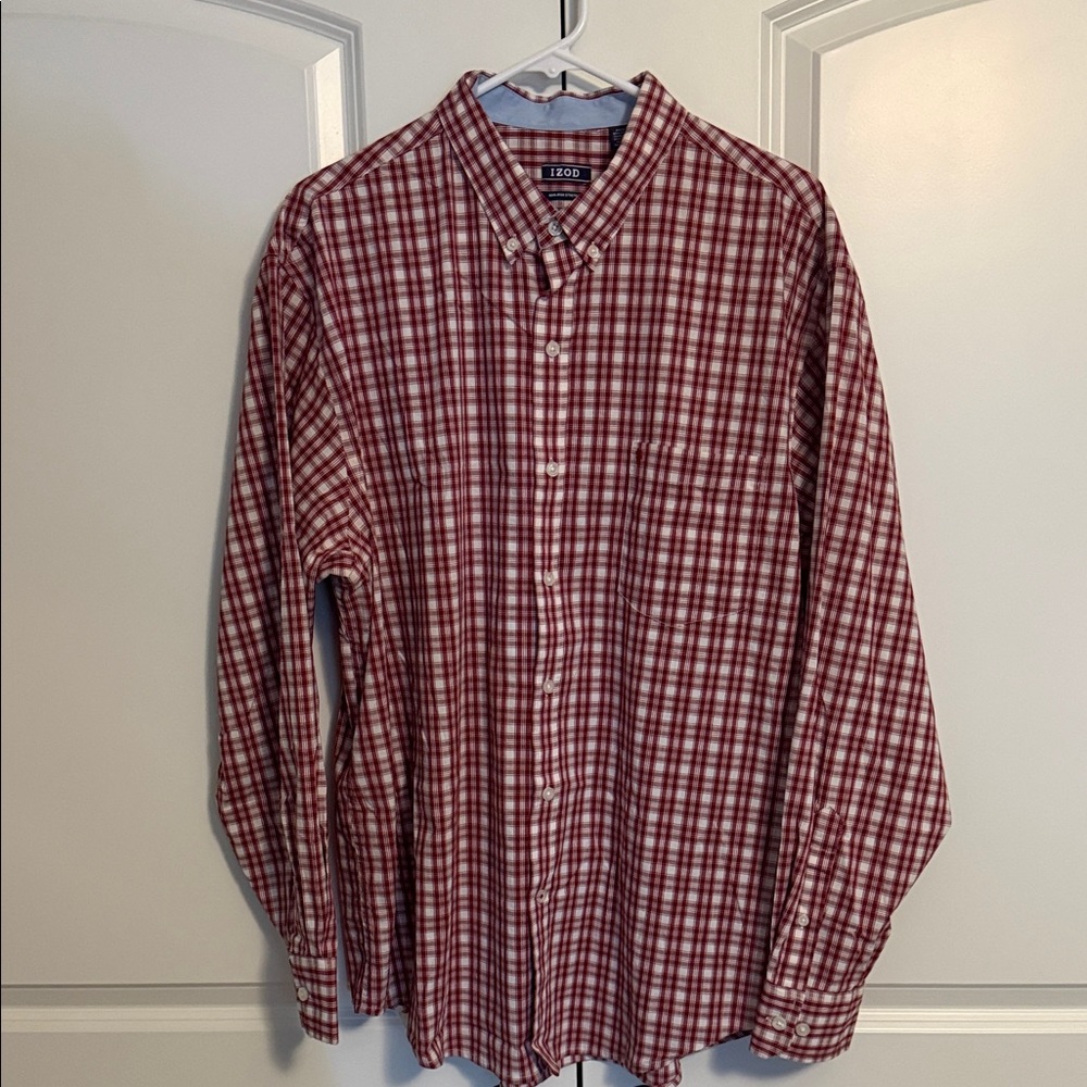 Izod Men's Casual Red and White Plaid Shirt